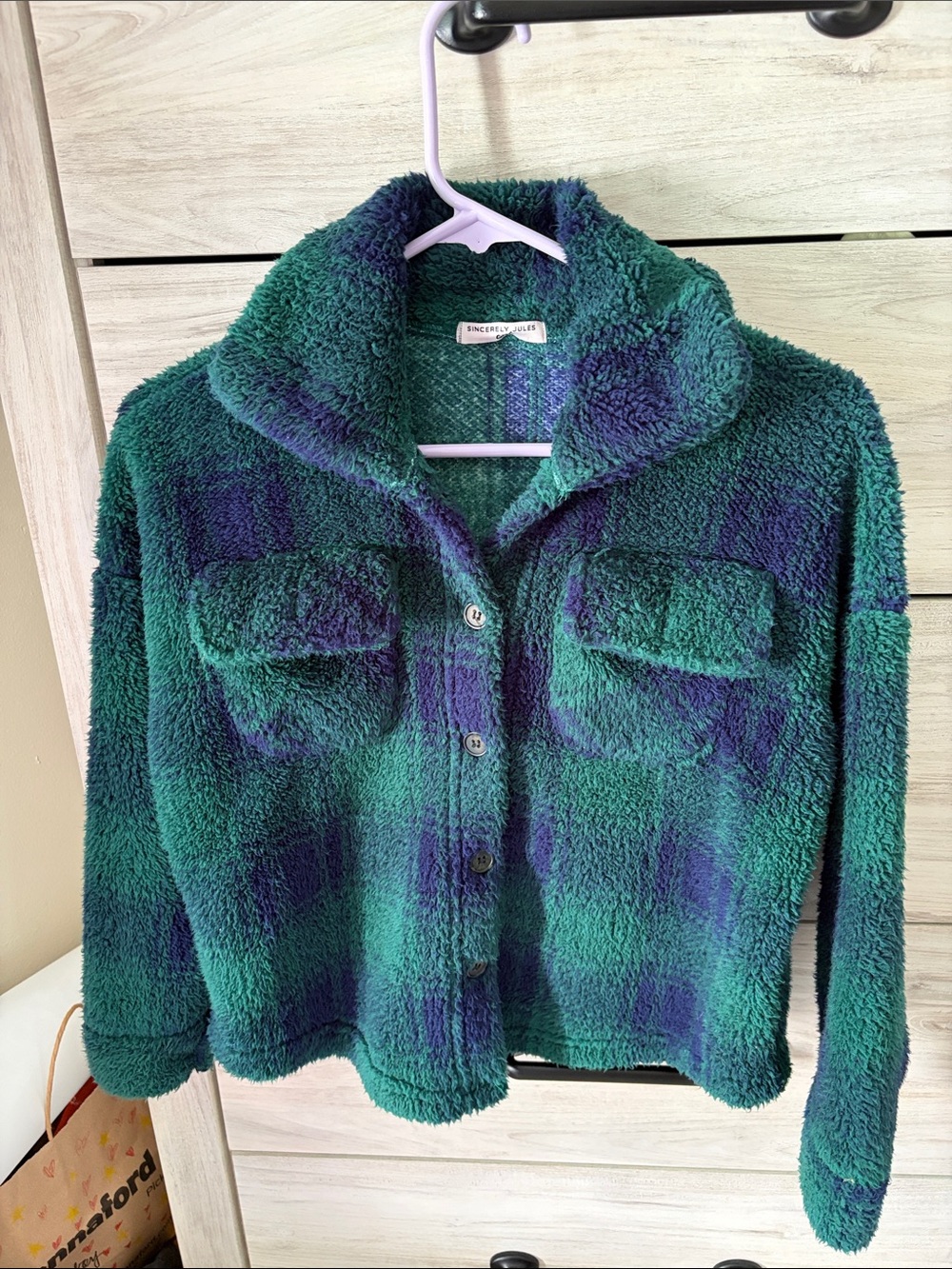 Plush Button-Up Teddy Jacket - Green & Purple Plaid
